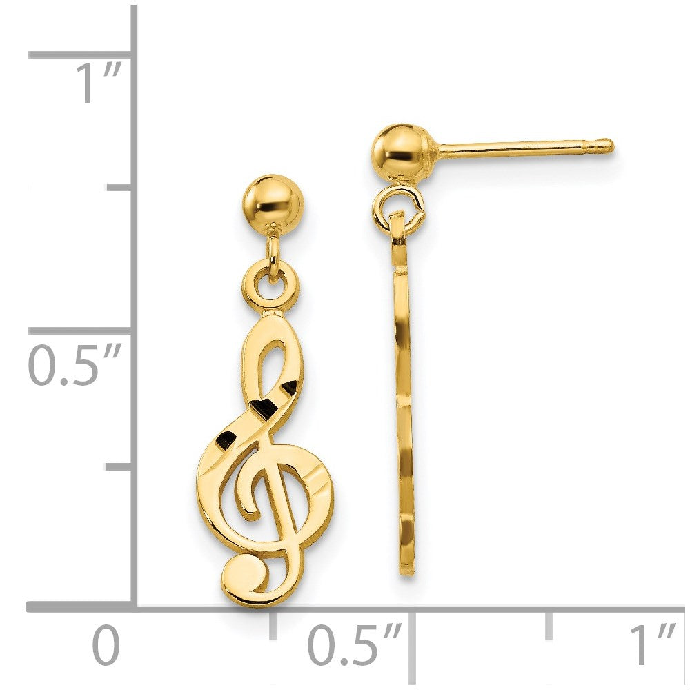 14k Yellow Gold 6 mm Polished & Diamond-Cut Treble Clef Dangle Post Earrings (0.91 grams)