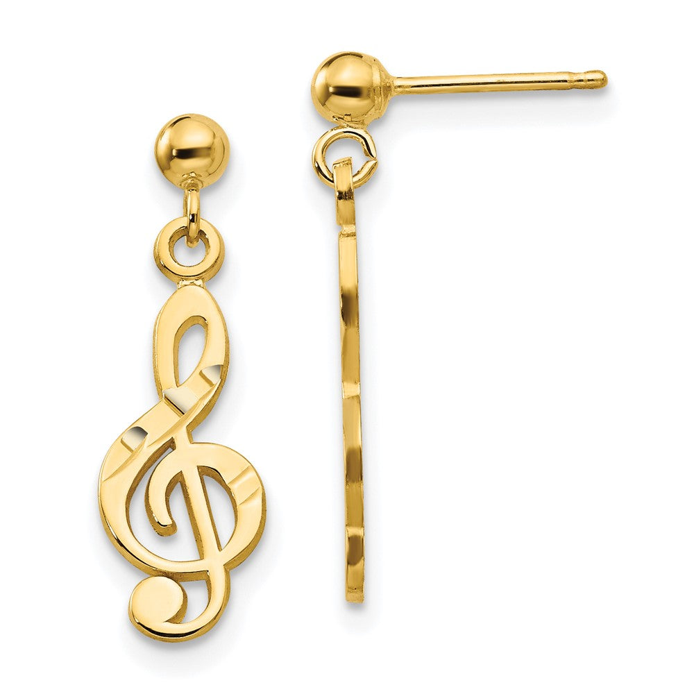 14k Yellow Gold 6 mm Polished & Diamond-Cut Treble Clef Dangle Post Earrings (0.91 grams)