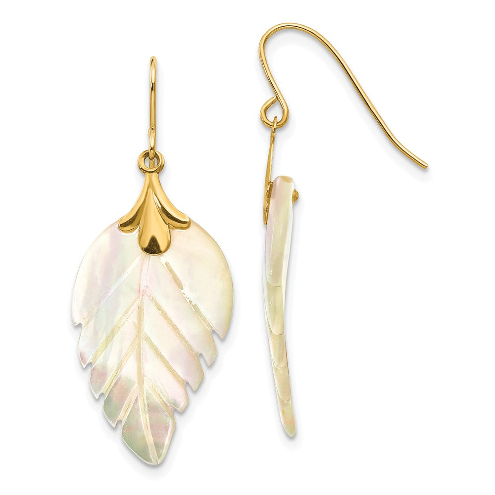 14k Madi K Mother of Pearl Leaf Dangle Earrings (0.28 grams)