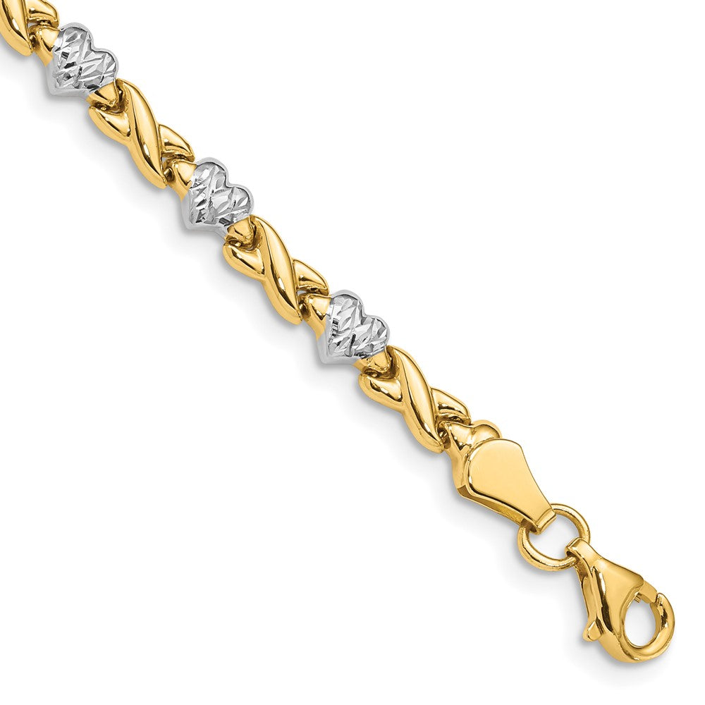 14k Yellow & Rhodium 4 mm Polished Heart and X Bracelet (3.89 grams)
