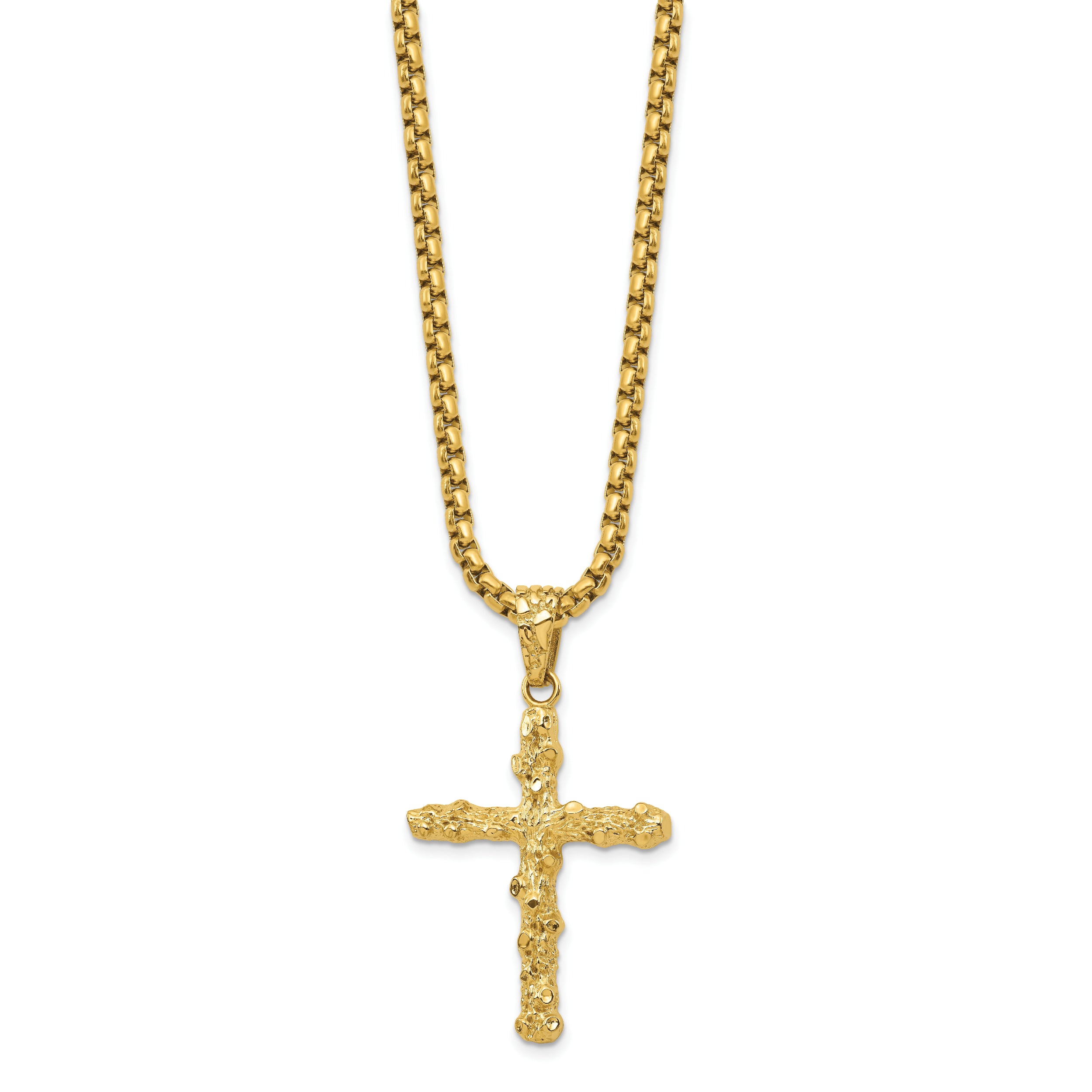 Stainless Steel Polished/Textured Yellow IP Nugget Cross 22in Necklace (29.9 grams)