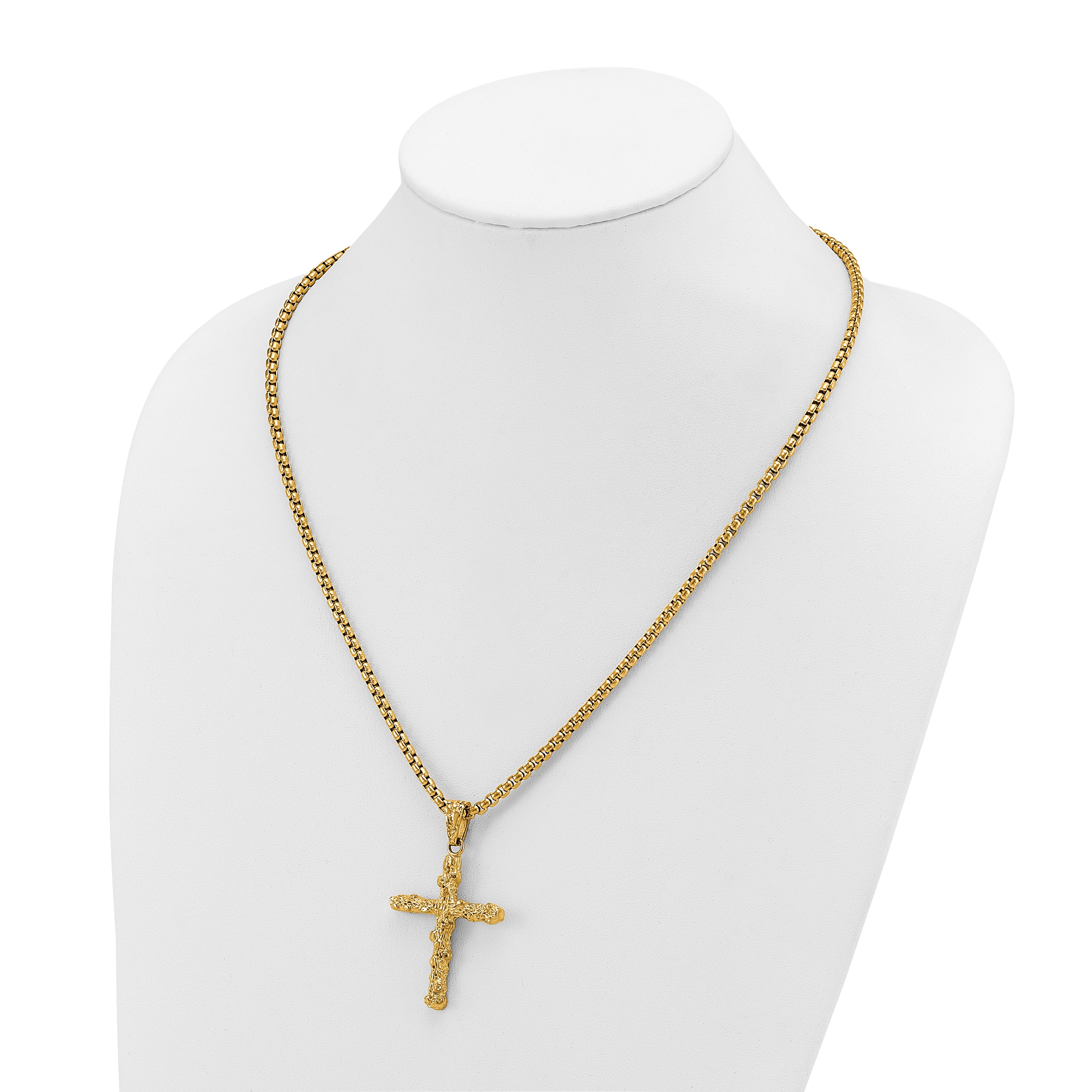 Stainless Steel Polished/Textured Yellow IP Nugget Cross 22in Necklace (29.9 grams)