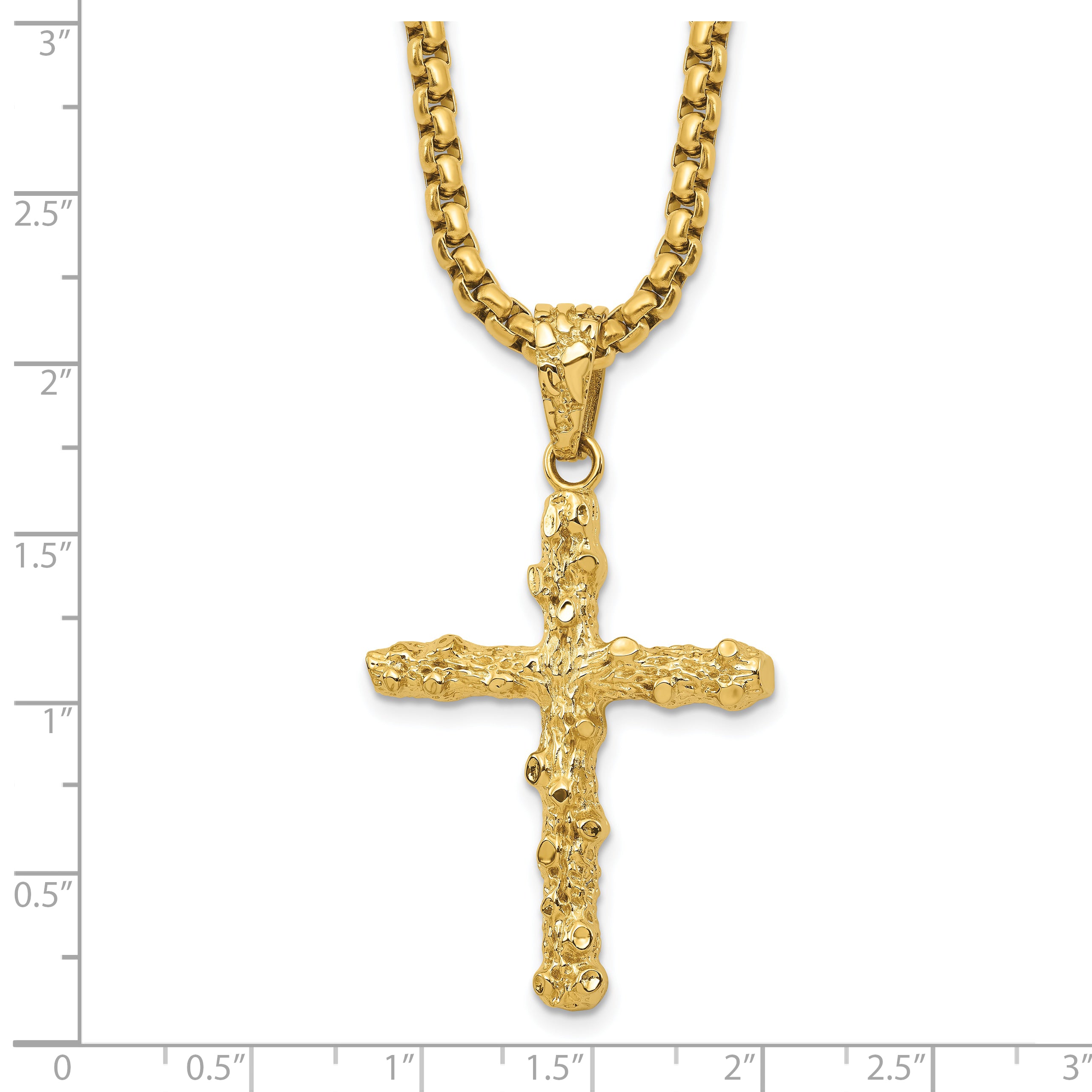Stainless Steel Polished/Textured Yellow IP Nugget Cross 22in Necklace (29.9 grams)
