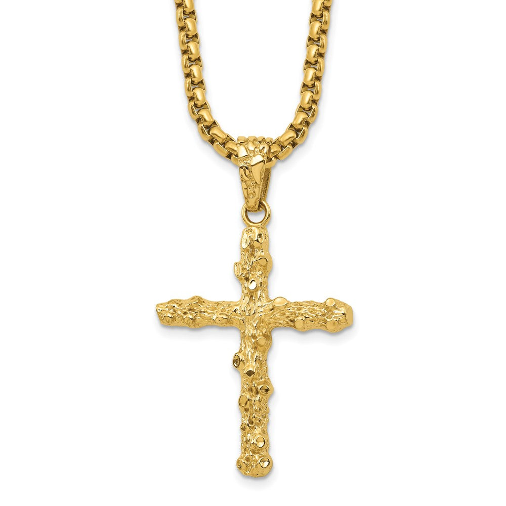 Stainless Steel Polished/Textured Yellow IP Nugget Cross 22in Necklace (29.9 grams)