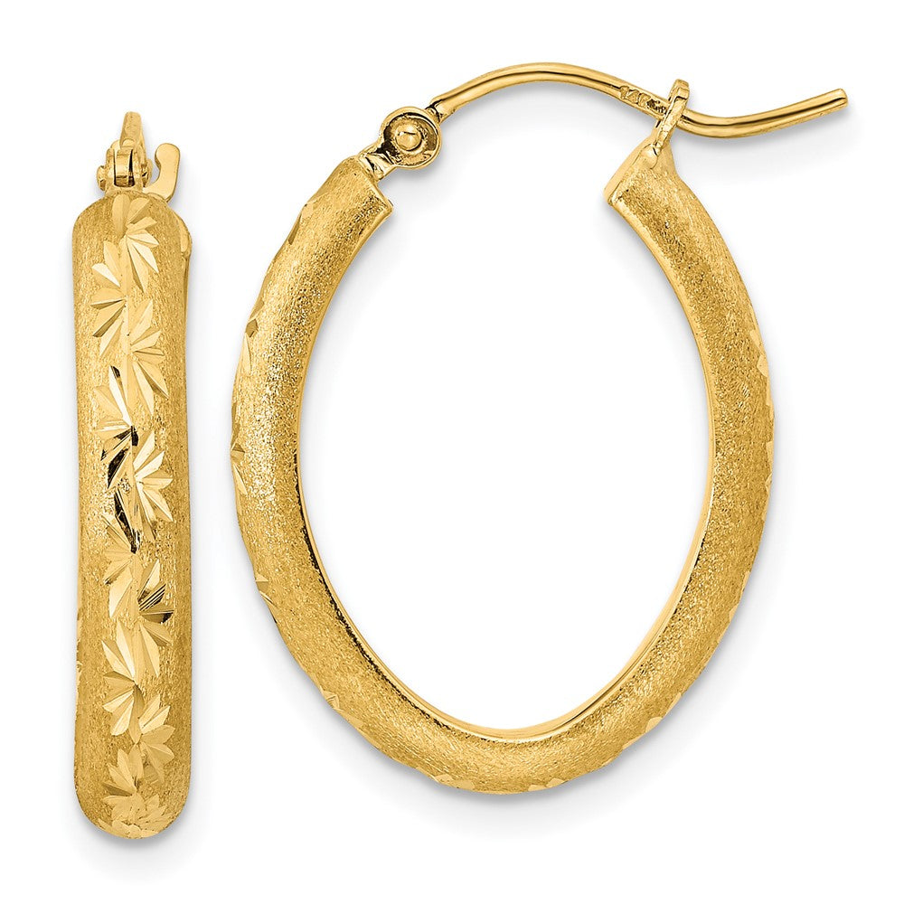 14k Yellow Gold 17.05 mm Polished and Satin Diamond-cut Oval Hoop Earrings (1.92 grams)