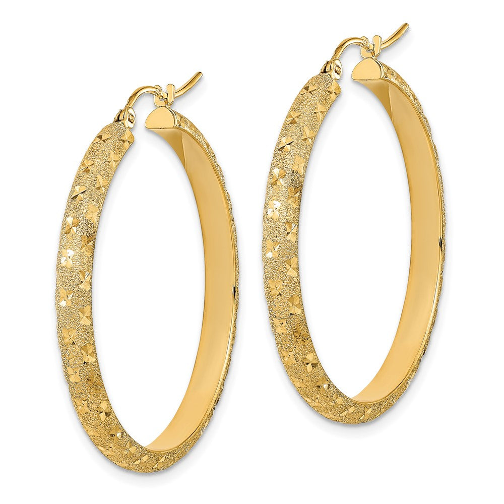 14k Yellow Gold 35.22 mm Polished and Brushed Diamond-cut Fancy Hoop Earrings (3.32 grams)