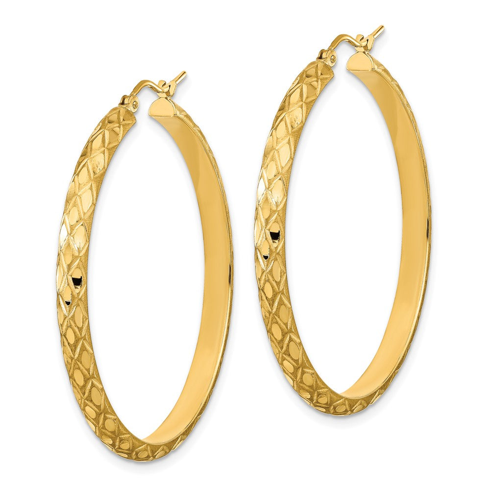 14k Yellow Gold 40.77 mm Polished and Satin Diamond-cut Diamond Pattern Hoop Earrings (3.84 grams)