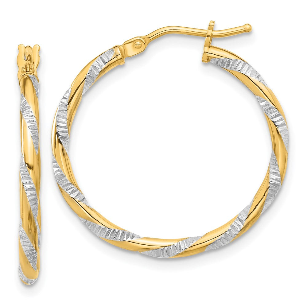 14k Yellow & Rhodium 23.7 mm Polished Diamond-cut Hoop Earrings (1.37 grams)
