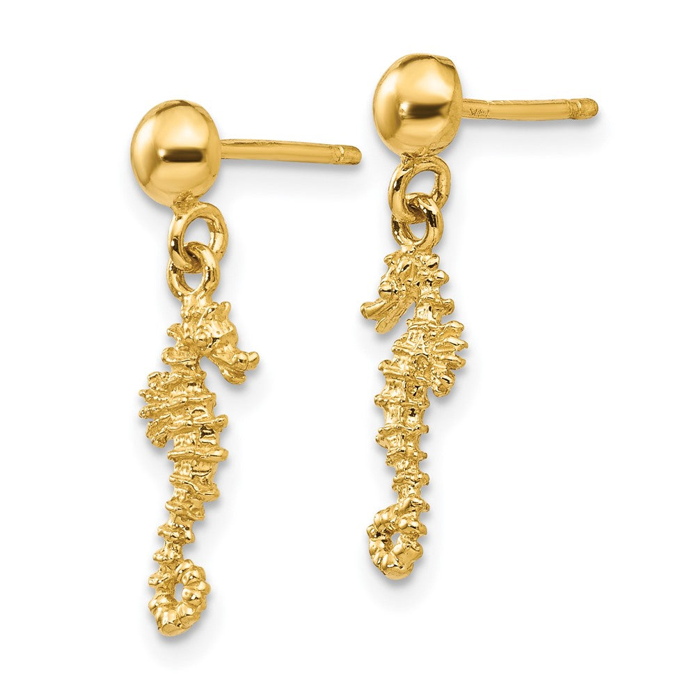 14k Yellow Gold 6 mm 3-D Mini Seahorse Dangle Post Earrings (1.4 grams)