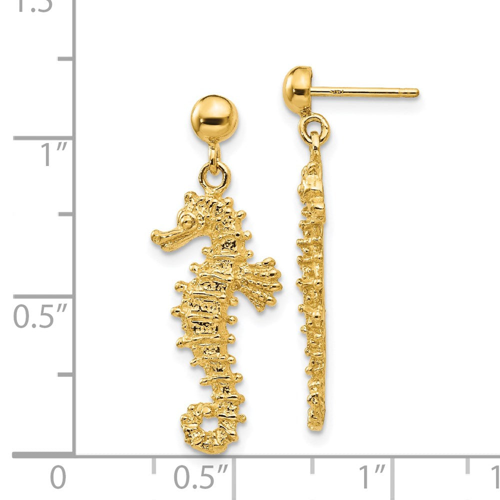 14k Yellow Gold 11 mm Large Seahorse Dangle Post Earrings (2.86 grams)