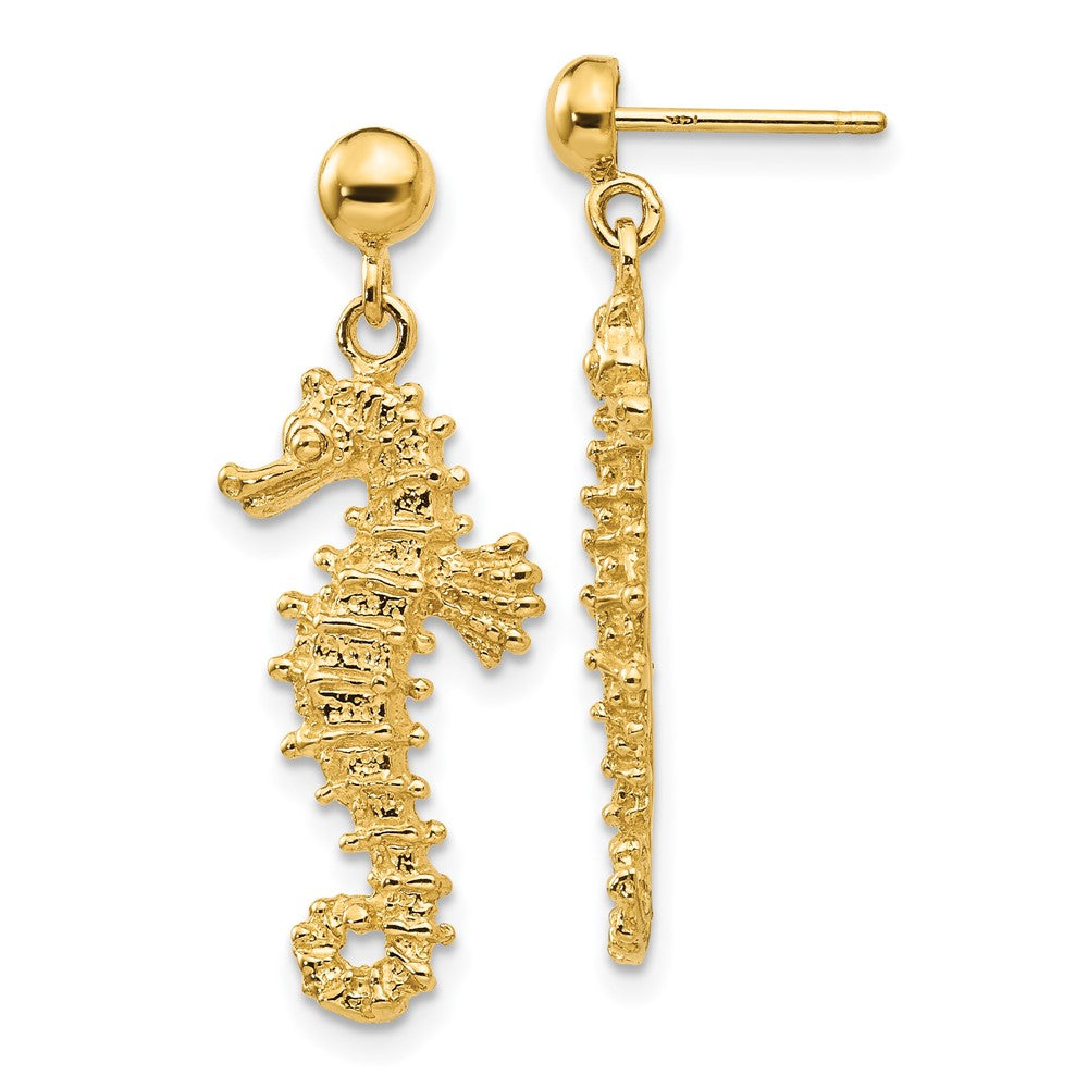 14k Yellow Gold 11 mm Large Seahorse Dangle Post Earrings (2.86 grams)