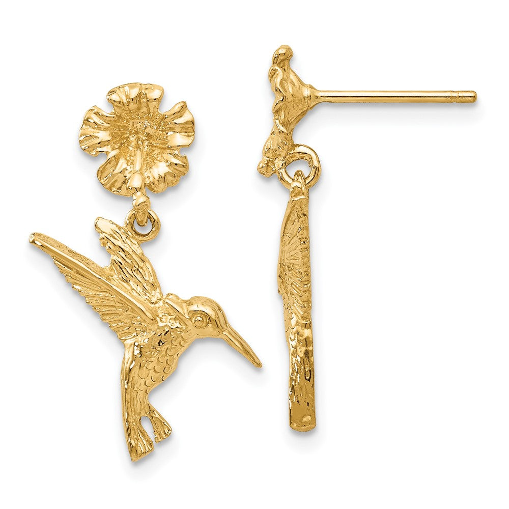 14k Yellow Gold 14 mm ngbird Dangles from Flower Post Earrings (2.54 grams)