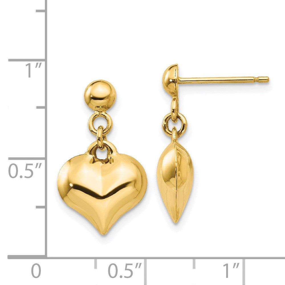 14k Yellow Gold 12 mm Polished Puffed Heart Dangle Post Earrings (1.28 grams)