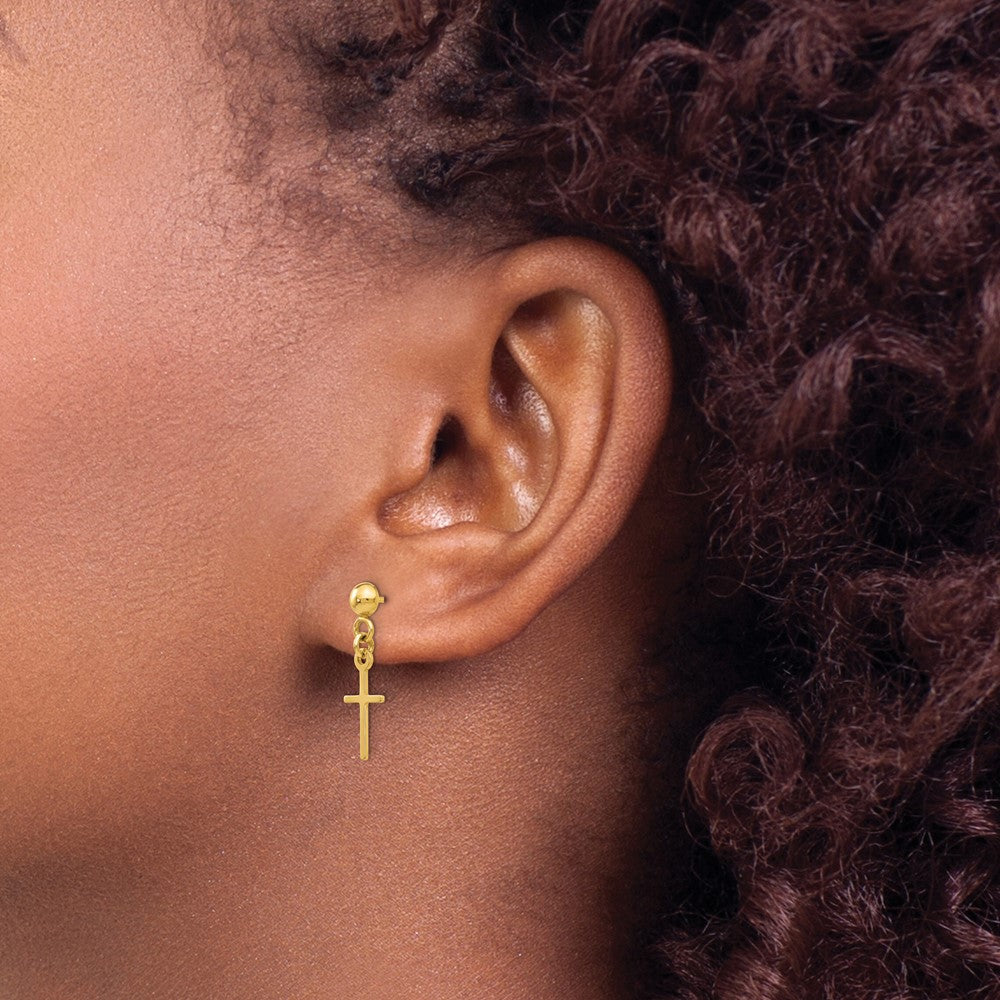 14k Yellow Gold 6 mm Polished Cross Dangle Post Earrings (0.88 grams)