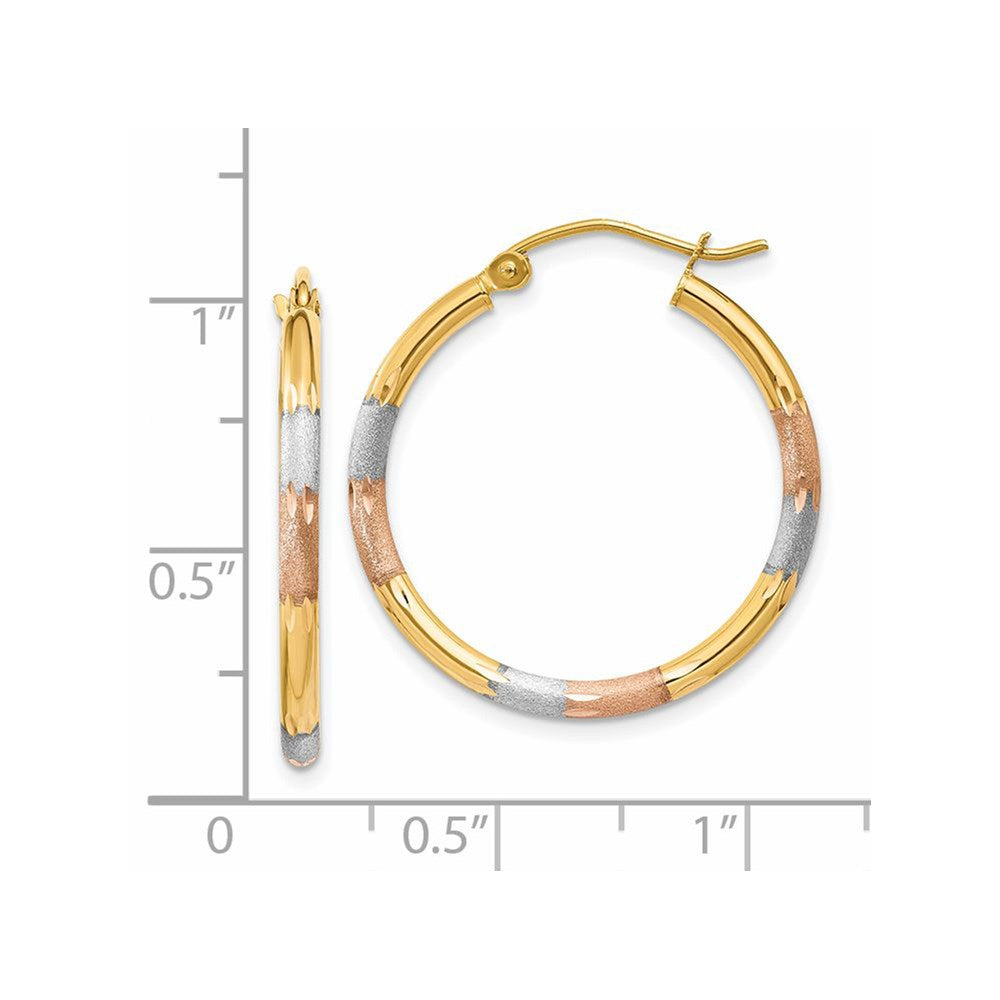 14k Yellow & Rhodium 2 mm Satin & D/C Hoop Earrings (1.3 grams)