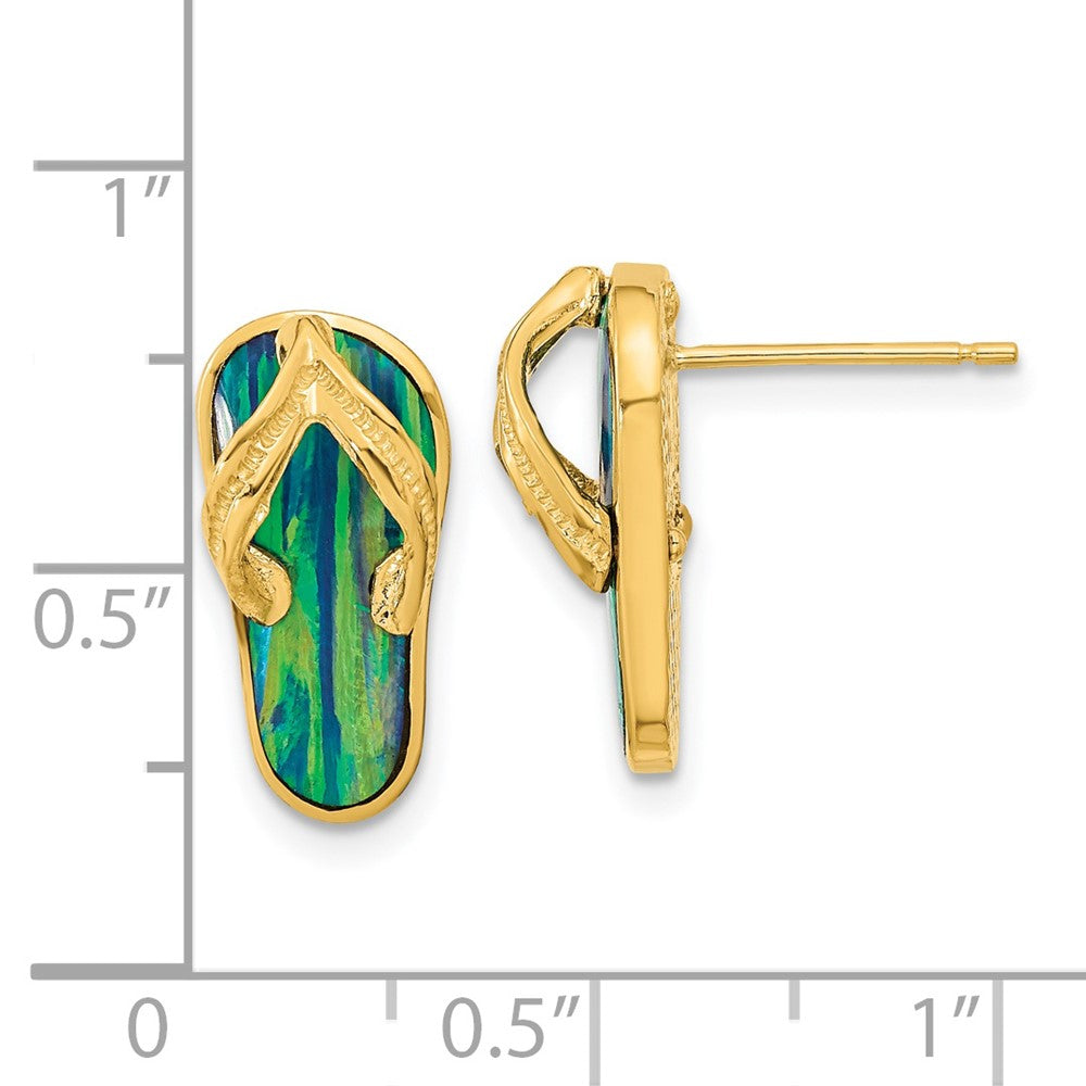 14k Yellow Gold 8 mm Polished w/Created Blue Opal Flip Flop Post Earrings (2.94 grams)