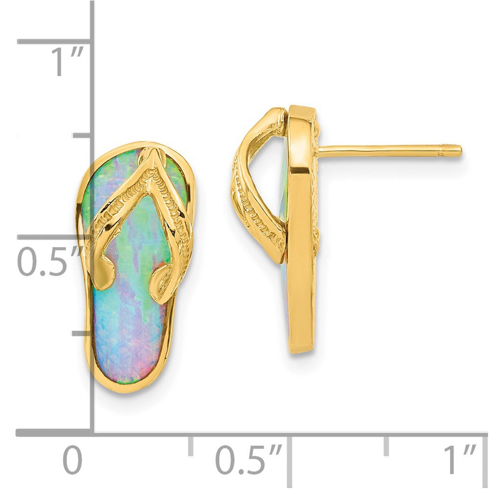 14k Yellow Gold 8 mm Polished w/Created White Opal Flip Flop Post Earrings (2.97 grams)
