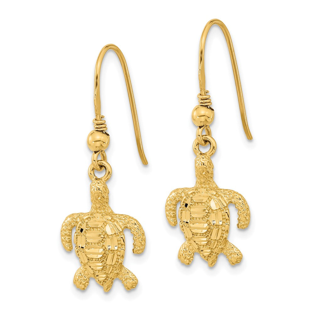 14k Yellow Gold 12 mm Polished & Textured Diamond-cut Turtle Shepherd Hook Earrings (2.23 grams)