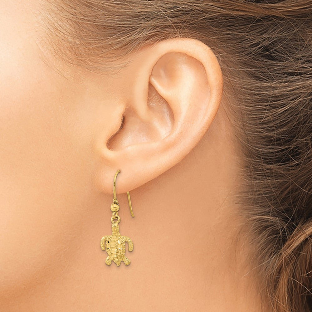 14k Yellow Gold 12 mm Polished & Textured Diamond-cut Turtle Shepherd Hook Earrings (2.23 grams)