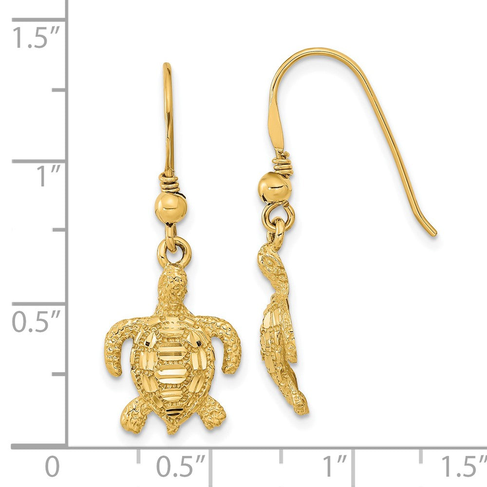 14k Yellow Gold 12 mm Polished & Textured Diamond-cut Turtle Shepherd Hook Earrings (2.23 grams)