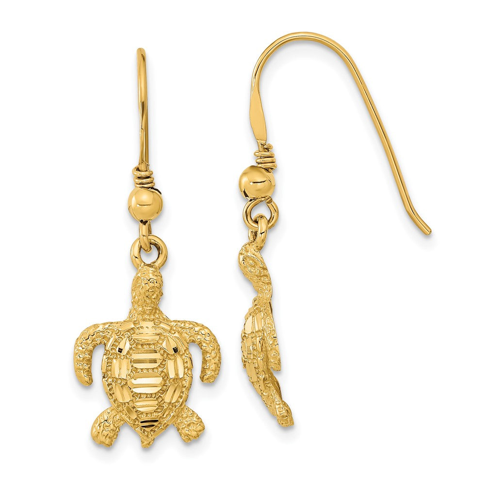 14k Yellow Gold 12 mm Polished & Textured Diamond-cut Turtle Shepherd Hook Earrings (2.23 grams)