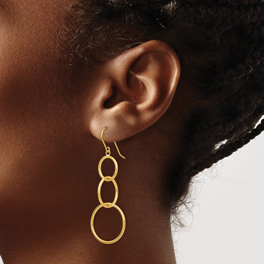 14k Yellow Gold 16 mm 3 Circle Dangle Wire Earrings (1.63 grams)
