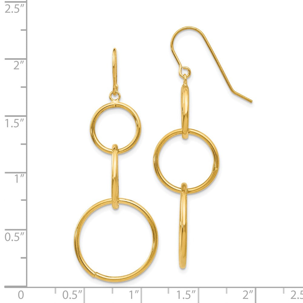 14k Yellow Gold 16 mm 3 Circle Dangle Wire Earrings (1.63 grams)