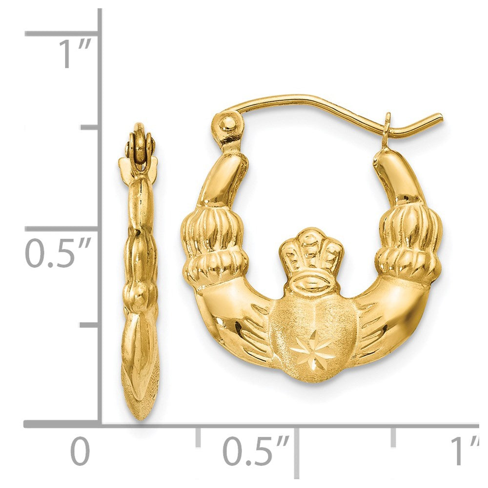 14k Yellow Gold 3 mm Polished and Satin Claddagh Hoop Earrings (1.27 grams)