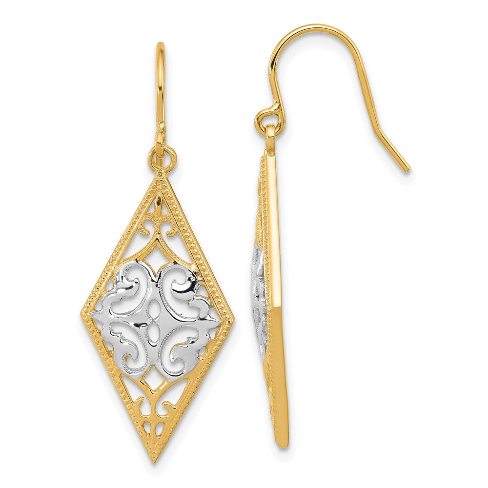 14k Yellow & Rhodium 14 mm Diamond Shape Filigree Dangle Earrings (3.04 grams)