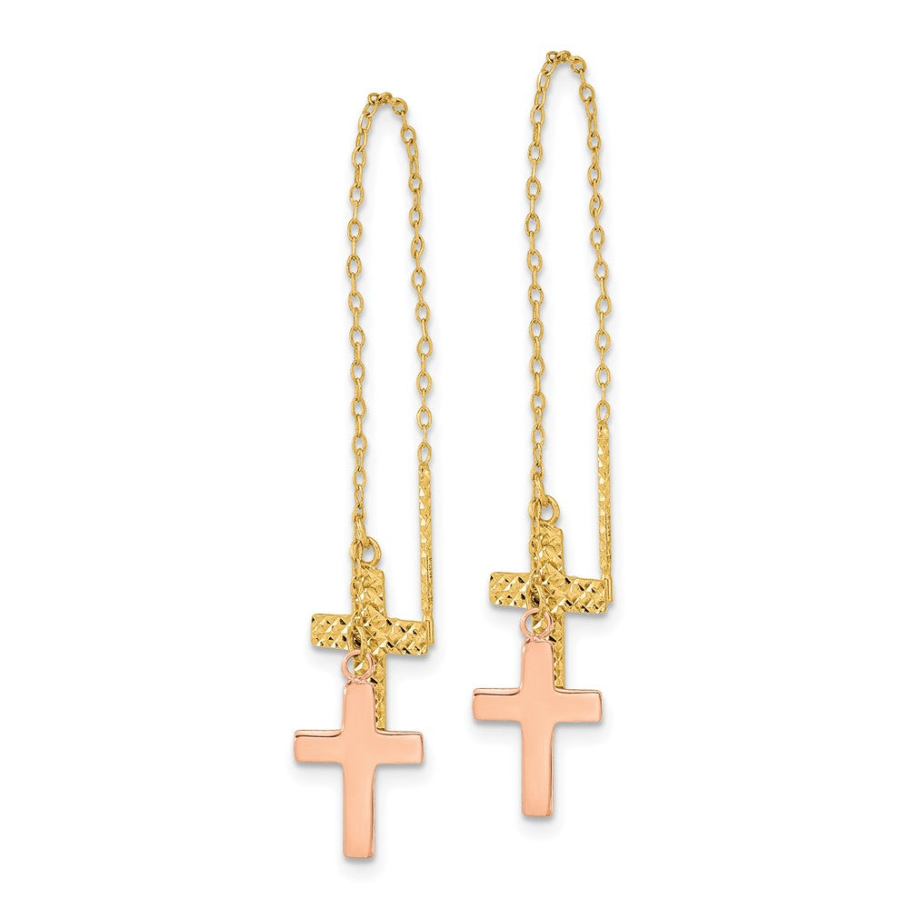 14k Two-tone 7 mm Yellow & Rose D/C Polished Crosses Threader Earrings (0.92 grams)