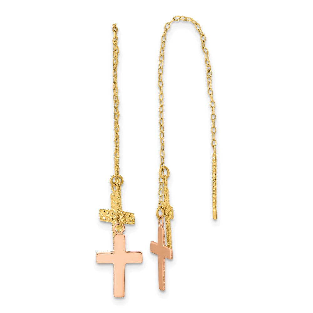 14k Two-tone 7 mm Yellow & Rose D/C Polished Crosses Threader Earrings (0.92 grams)