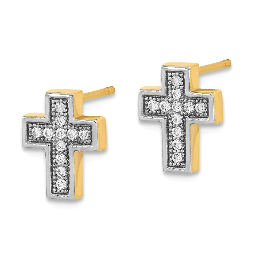 14k Yellow & Rhodium 8 mm Micro Pav‚Äö CZ Cross Post Earrings (1.77 grams)