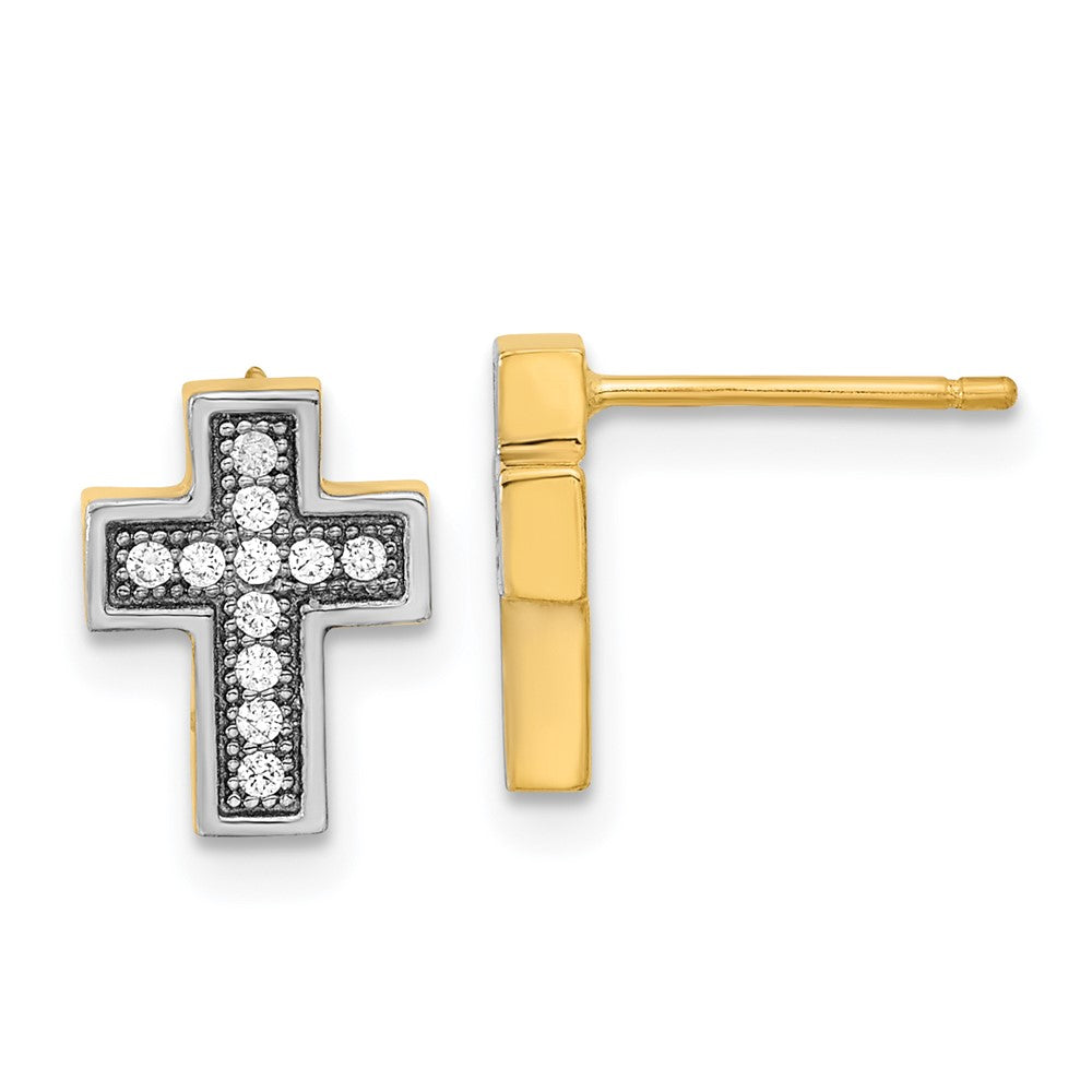 14k Yellow & Rhodium 8 mm Micro Pav‚Äö CZ Cross Post Earrings (1.77 grams)