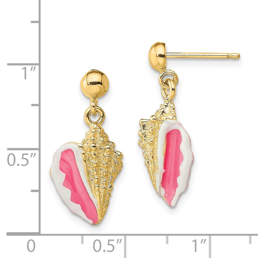 14k Yellow Gold 10.7 mm White and Pink Enamel Conch Shell Dangle Earrings (3.39 grams)