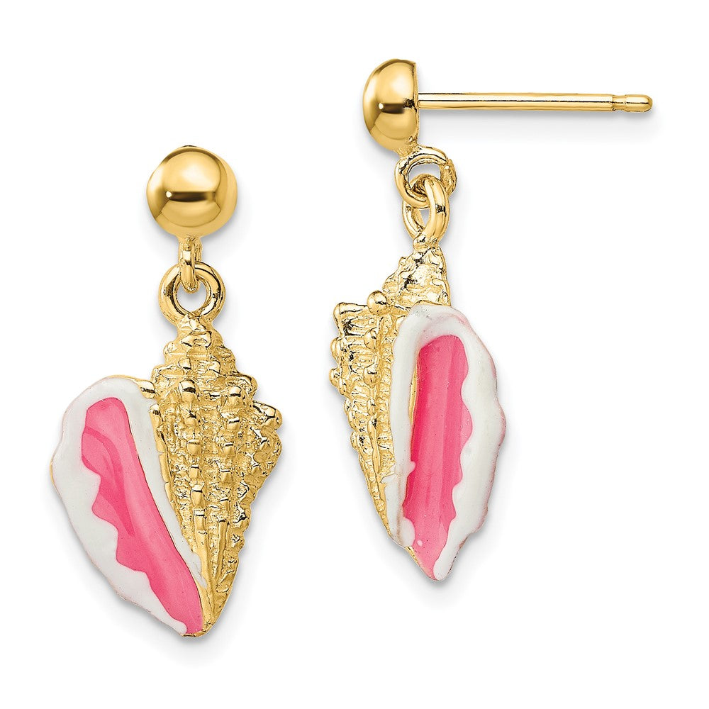 14k Yellow Gold 10.7 mm White and Pink Enamel Conch Shell Dangle Earrings (3.39 grams)