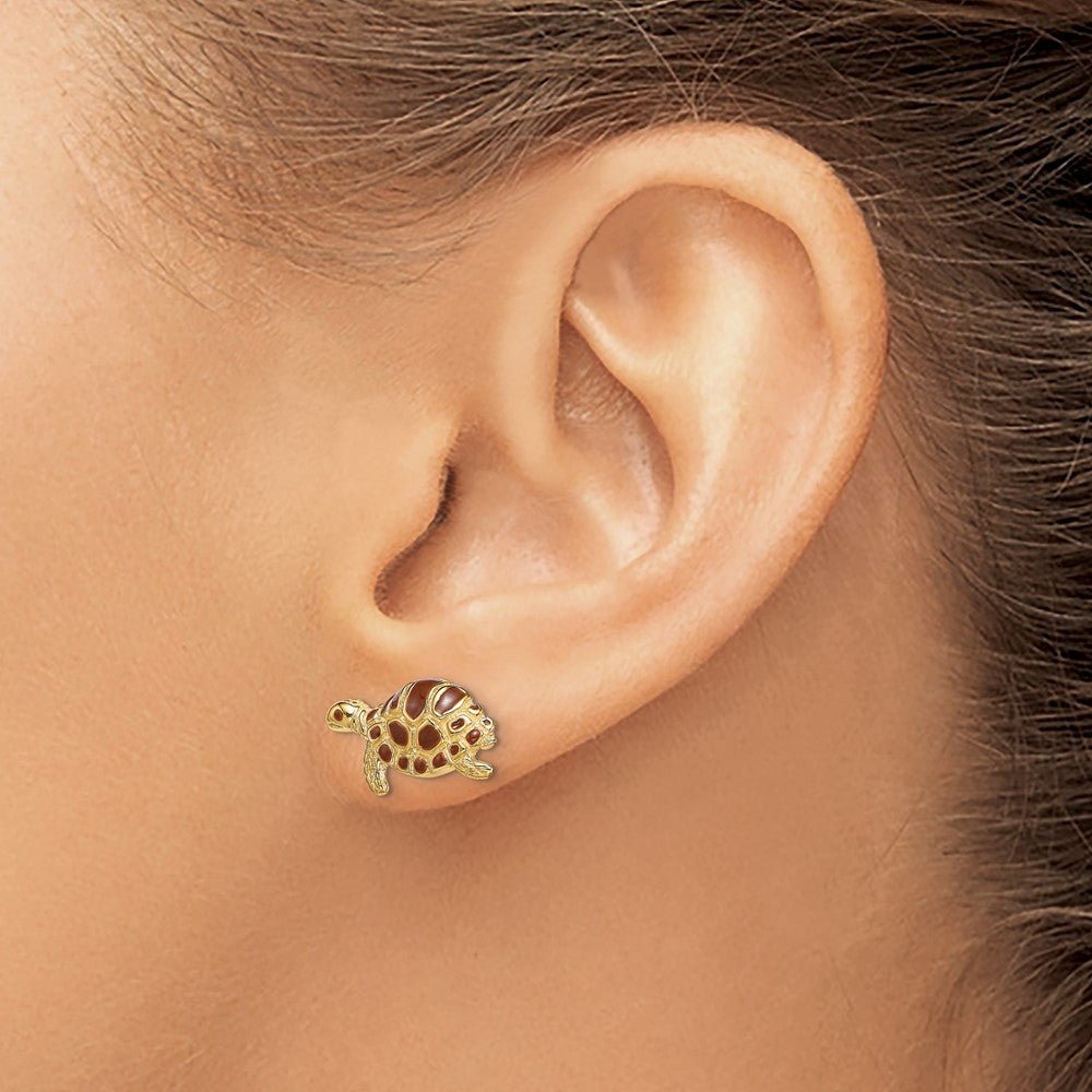 14k Yellow Gold 8.3 mm Brown Enamel Turtle Post Earrings (2.06 grams)