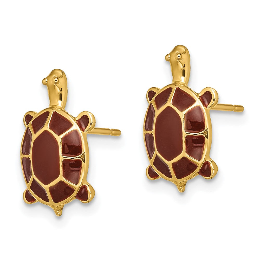 14k Yellow Gold 8.8 mm w/ Brown Enamel Sea Turtle Post Earrings (2.33 grams)