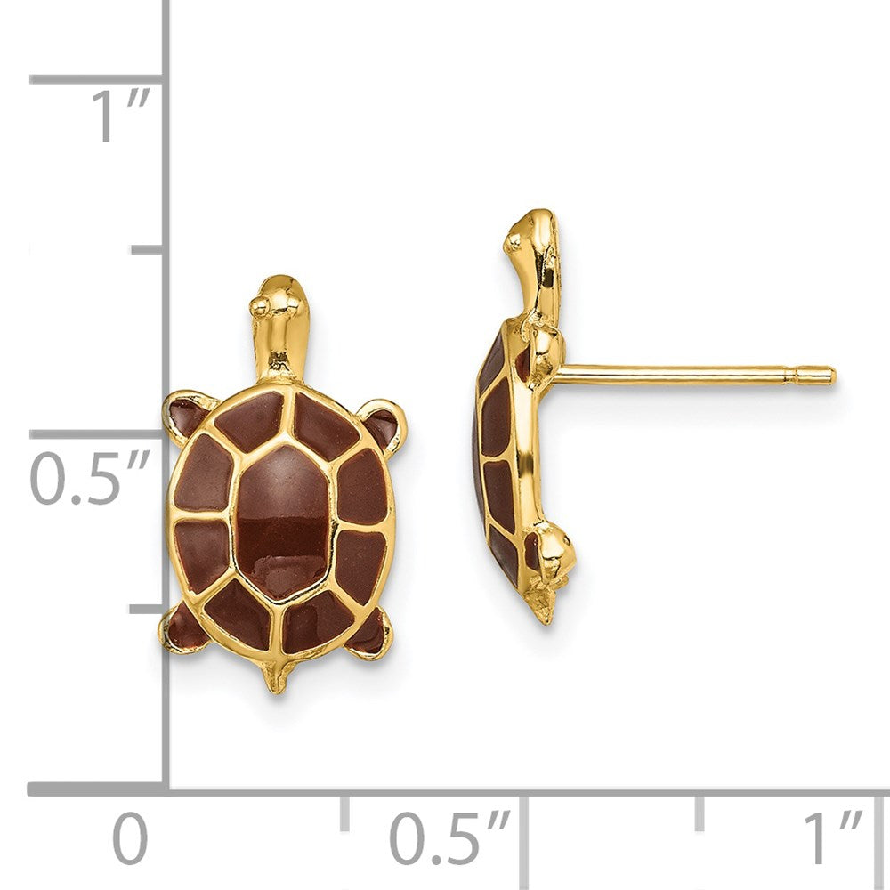 14k Yellow Gold 8.8 mm w/ Brown Enamel Sea Turtle Post Earrings (2.33 grams)