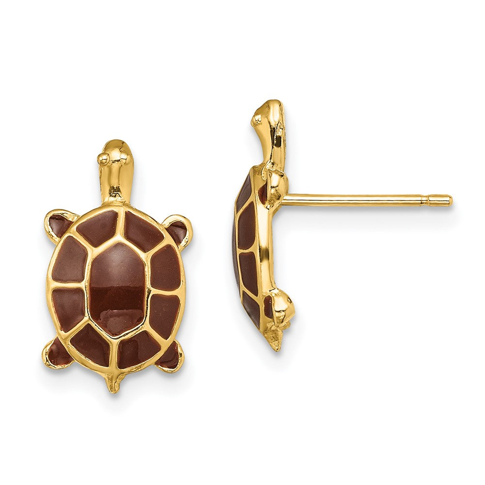 14k Yellow Gold 8.8 mm w/ Brown Enamel Sea Turtle Post Earrings (2.33 grams)