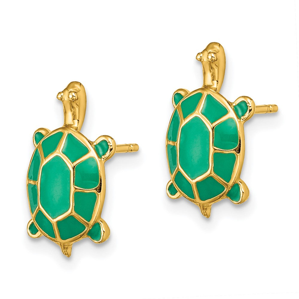 14k Yellow Gold 8.8 mm Land Turtle W/Green Enamel Shell Earrings (2.35 grams)