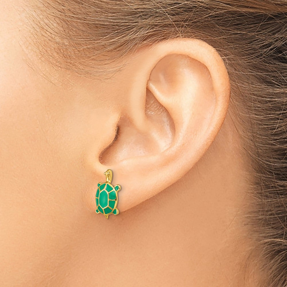 14k Yellow Gold 8.8 mm Land Turtle W/Green Enamel Shell Earrings (2.35 grams)