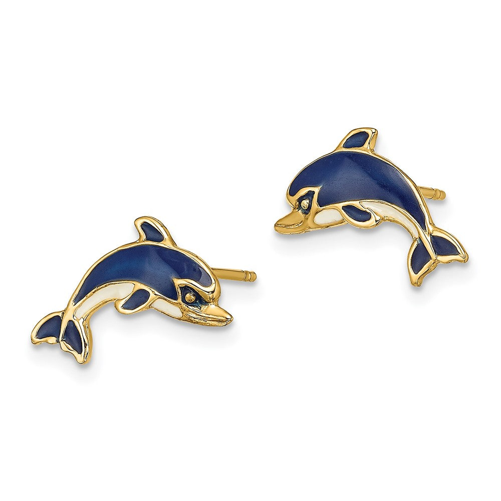 14k Yellow Gold 14.8 mm Blue and White Enamel Dolphin Post Earrings (1.62 grams)