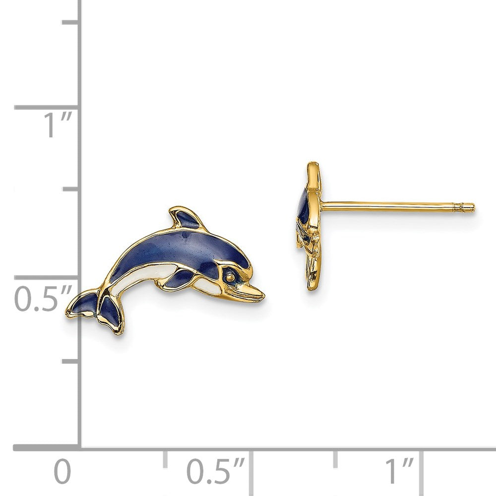 14k Yellow Gold 14.8 mm Blue and White Enamel Dolphin Post Earrings (1.62 grams)