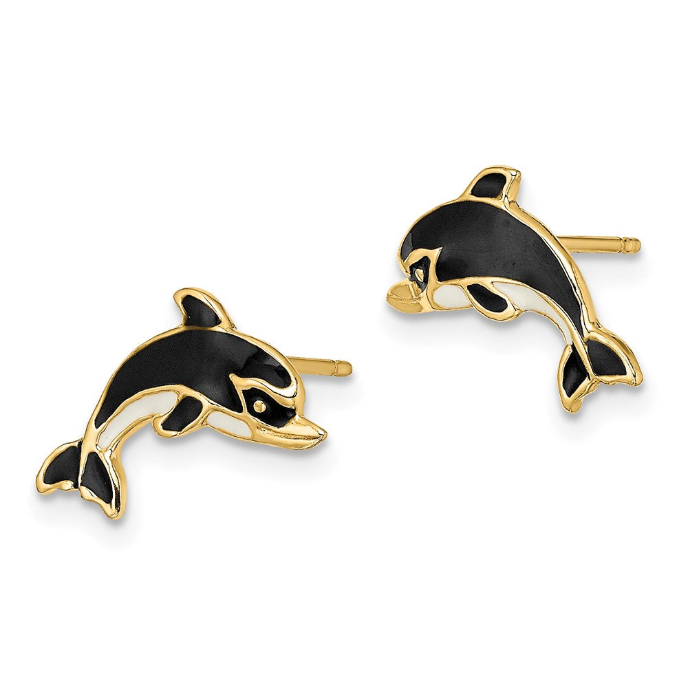 14k Yellow Gold 14.8 mm White and Black Enamel Dolphin Post Earrings (1.54 grams)