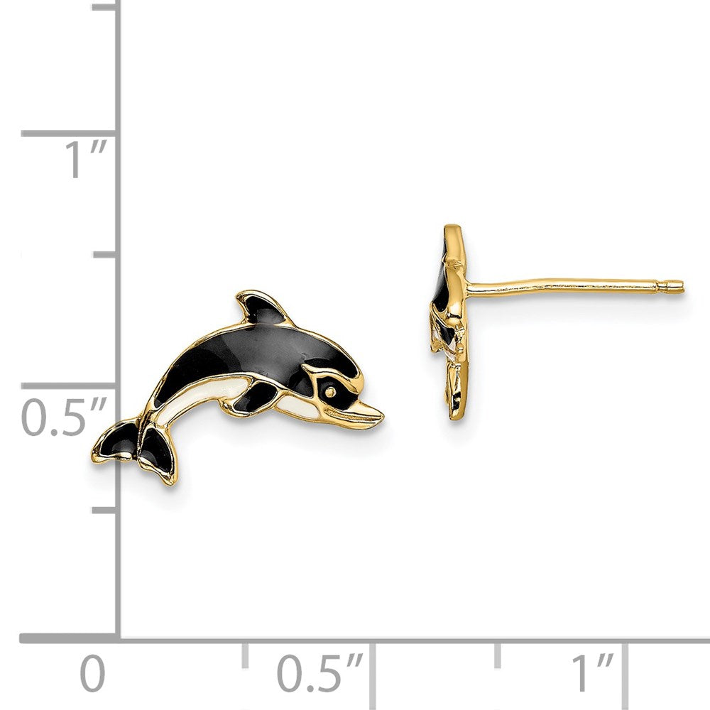 14k Yellow Gold 14.8 mm White and Black Enamel Dolphin Post Earrings (1.54 grams)