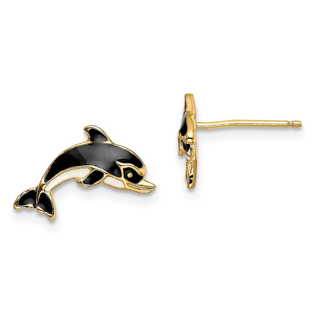 14k Yellow Gold 14.8 mm White and Black Enamel Dolphin Post Earrings (1.54 grams)