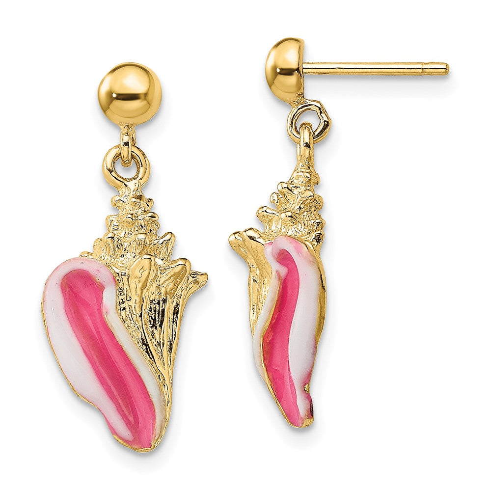 14k Yellow Gold 10.1 mm White and Pink Enamel Conch Shell Dangle Earrings (4.31 grams)