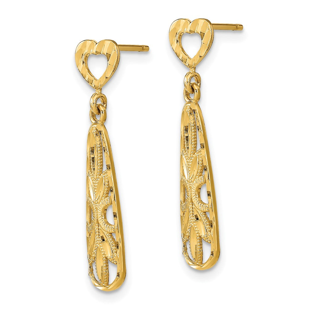 14k Yellow Gold 6.5 mm D/C Teardrop Heart Dangle Post Earrings (1.69 grams)