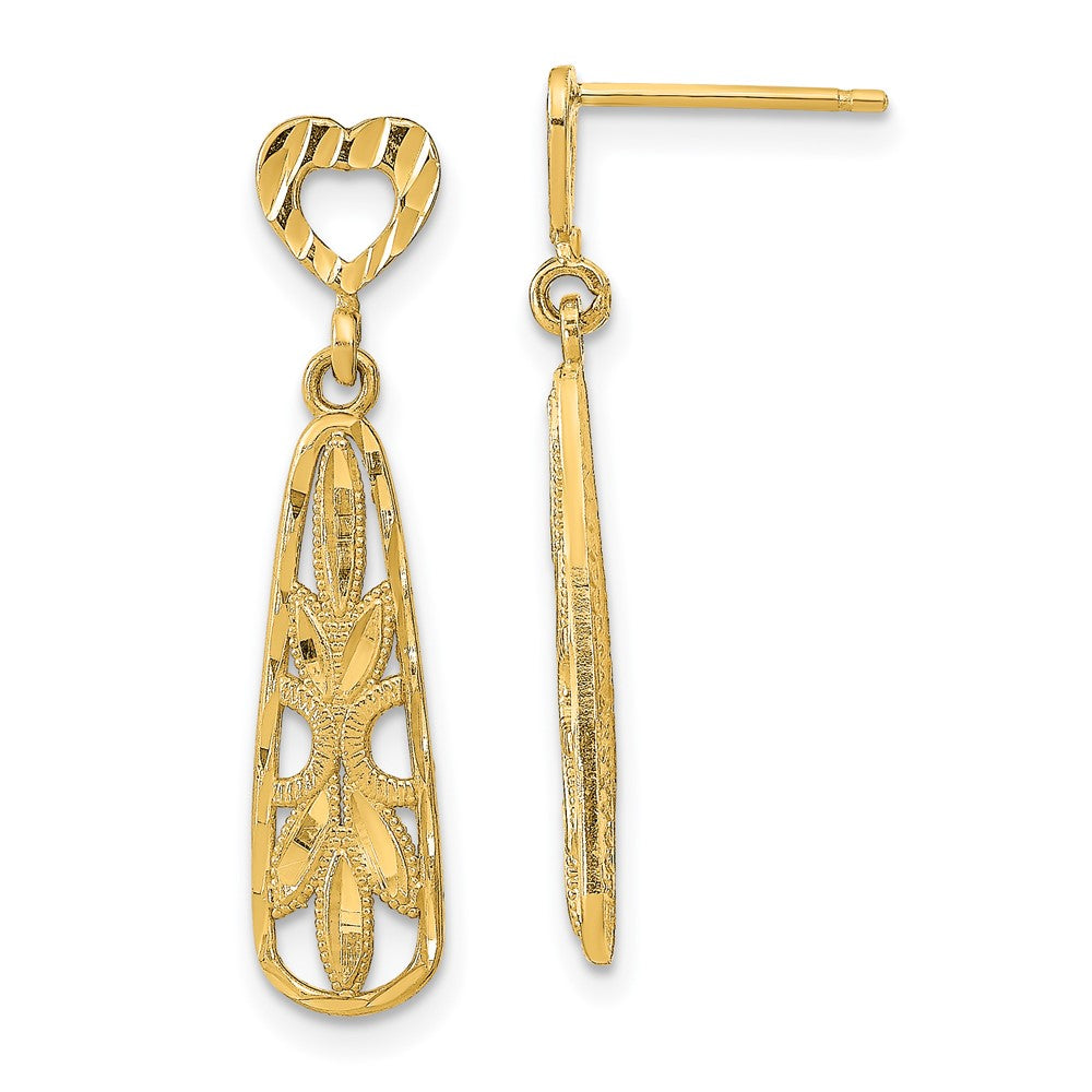 14k Yellow Gold 6.5 mm D/C Teardrop Heart Dangle Post Earrings (1.69 grams)