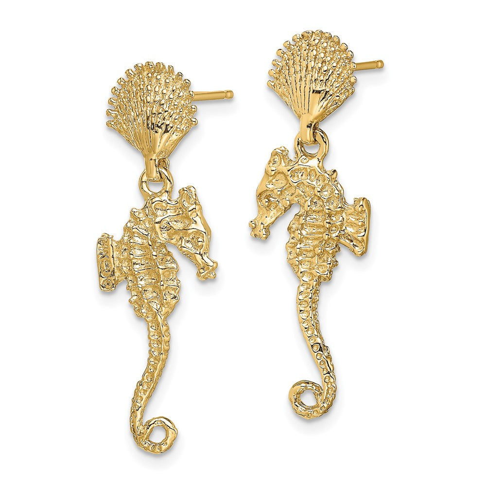 14k Yellow Gold 9 mm Shell & Seahorse Dangle Earrings (5.06 grams)